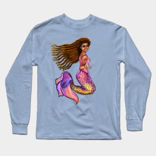 Best mermaid gifts 2022. Mermaid  with rainbow coloured colored fins, braids, outstretched  arm, brown eyes, Curly hair  and caramel brown skin - light background Long Sleeve T-Shirt